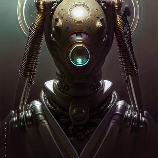 Image similar to low angle shot of a cyberpunk gazmask robot character, intricate, elegant, highly detailed, centered, digital painting, artstation, concept art, smooth, sharp focus, illustration, artgerm, Tomasz Alen Kopera, Peter Mohrbacher, donato giancola, Joseph Christian Leyendecker, WLOP, Boris Vallejo