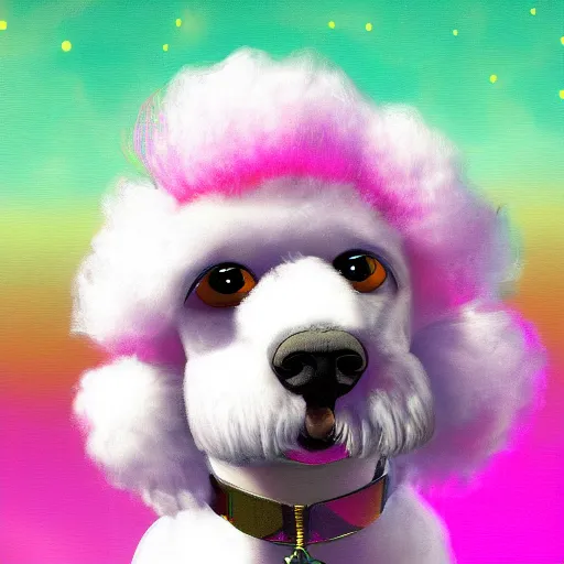 Image similar to cute fuzzy white poodle with pink mohawk hairstyle with night city landscape background detailed painting 4 k