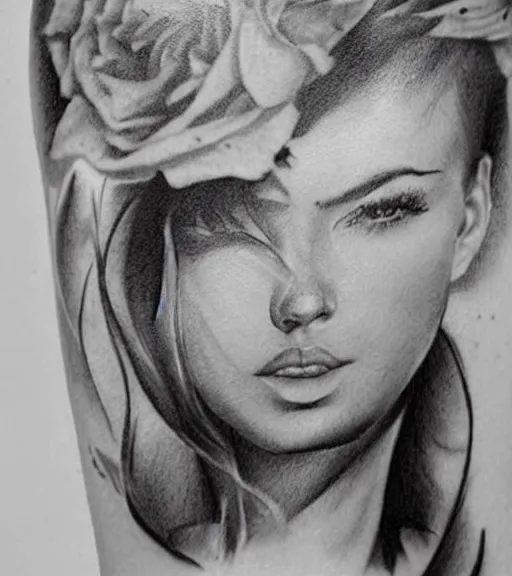 Image similar to tattoo design sketch of a beautiful girl portrait and a faded mountain background, in the style of den yakovlev, black and white, realism tattoo, hyper realistic, highly detailed