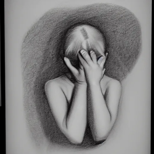 Image similar to backside photograph of a girl holding the bathroom sink with both hands in a dark room and crying, textured pencil sketch