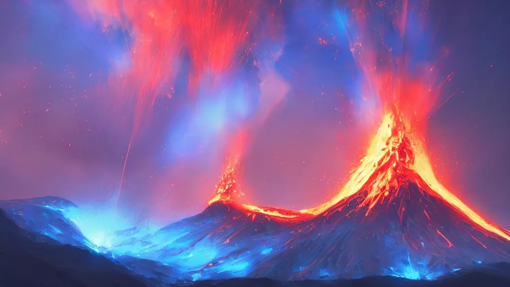 Image similar to volcano erupting blue flames, glowing! blue plumes, by sylvain sarrailh, rossdraws, ambient light, ultra detailed, fantasy artwork, 8 k, volumetric lighting, trending on artstation, award winning, beautiful scenery, very very very very very very very beautiful.