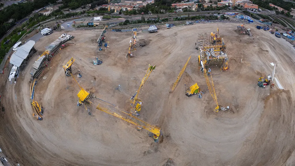 Image similar to Construction workers building the solar system. Extreme wide angle shot from space