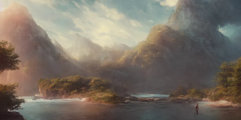 Prompt: beautiful landscape, jungel environment, pastel colors, film, dramatic, cinematic, highly detailed, mid day, large scale, hyperrealistic, realistic lighting, octane render, by wlop, artgerm, trending on artstation hd, 8 k, clear, sharp