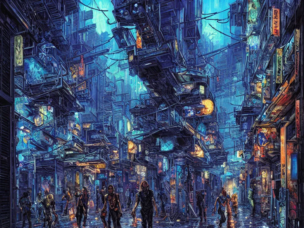 Prompt: shadows of a cyberpunk gang in the alleyway between buildings at night, graffiti, fine detail, intricate, polished, smooth, ultradetailed, blue color scheme, digital art, illustration, impressionist, by john smith and noriyoshi ohrai and george luks