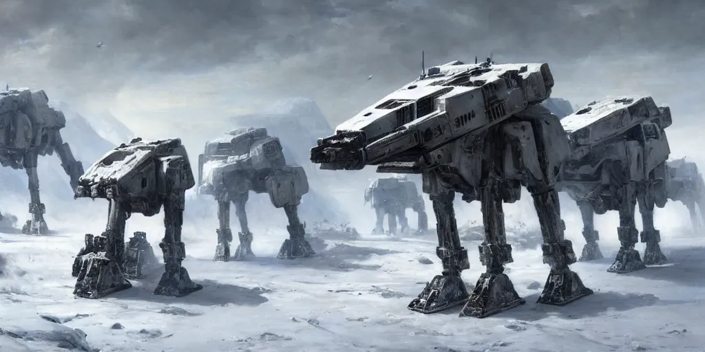 Image similar to the battle of hoth, rebel soldiers fighting enormous imperial atat walkers painted by jan matejko and greg rutkowski. oil on canvas, sharp focus, cinematic atmosphere, detailed and intricate, perfect anatomy, detailed and intricate environment and characters