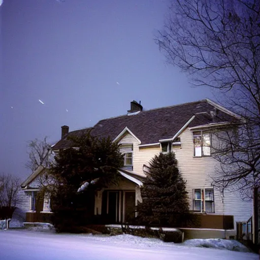 Image similar to a high flash photo of a suburban home from the street during winter, 2 0 0 6, taken with a disposable camera