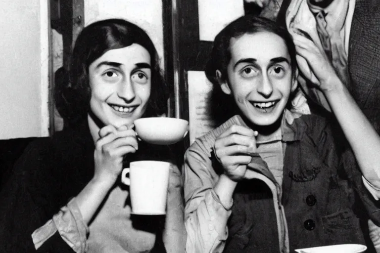 Image similar to anne frank and tupac shakur drinking coffee