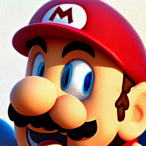 Prompt: extremely zoomed-in photo of Super Mario looking surprised