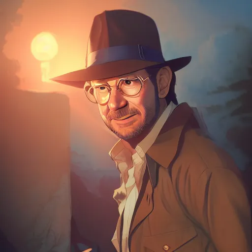 Prompt: Stephen Spielberg as Indiana Jones, ambient lighting, 4k, anime key visual, lois van baarle, ilya kuvshinov, rossdraws, artstation