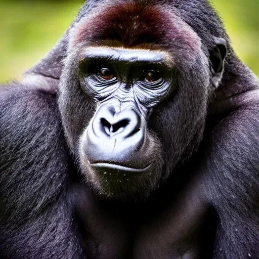 Image similar to portrait photo of a charismatic curious silverback gorilla looking into the camera, indoors, f 1. 4, golden ratio, rim light, top light, overcast day