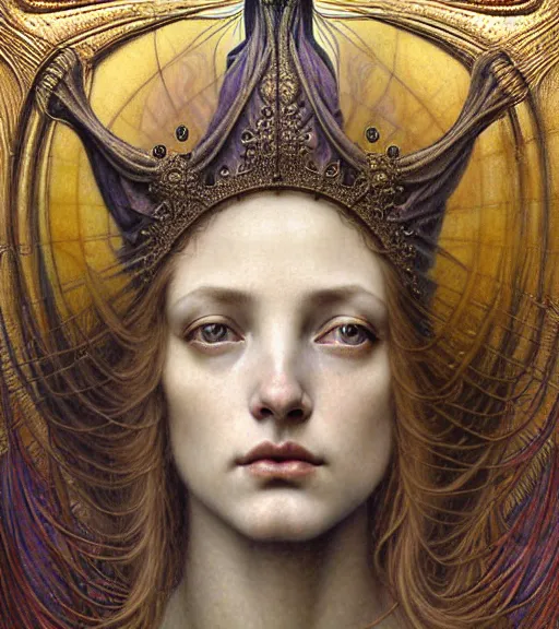 Image similar to detailed realistic beautiful young medieval queen of jupiter face portrait by jean delville, gustave dore and marco mazzoni, art nouveau, symbolist, visionary, gothic, pre - raphaelite. horizontal symmetry by zdzisław beksinski, iris van herpen, raymond swanland and alphonse mucha. highly detailed, hyper - real, beautiful