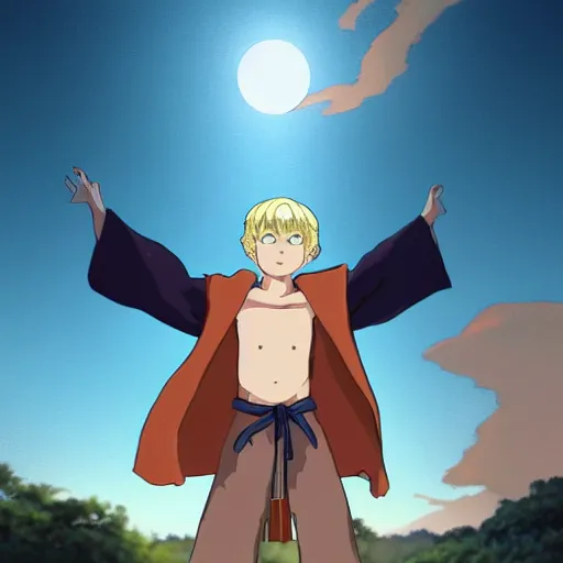 Prompt: blonde boy with glowing golden eyes wearing a brown cape and flying in t pose, in the style of studio ghibli, artgerm