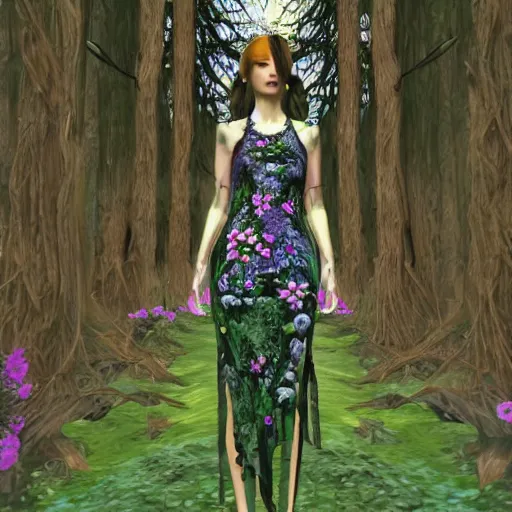 Image similar to cute female forest spirit wearing floral cybernetic hungarian valentino resort sheer dress, overgrown esoteric cyber cathedral sanctuary, fashion gameplay screenshot, painted by raphael in 1 5 1 1