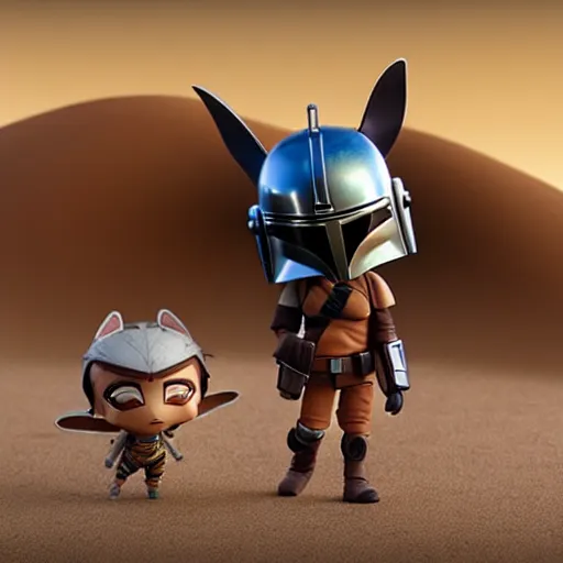 Image similar to mandalorian as nendoroid walking in a desert with two moons in the croods movie style, muted colours, anime, disney, pixar, 8 k, hd, dof, kodak film, volumetric lighting, subsurface scattering, photorealistic, octane render, details