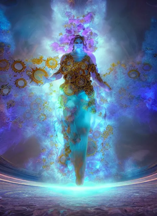 Image similar to flowers within the whole infinite capsule apparent with awe the apparition, an idea seep's into infinity highly detailed in volumetric latent space, golden turquoise steampunk, high contrast cinematic light, mystical shadows, sharp focus, divine realm of gods, octane render, artist by boris vallejo,