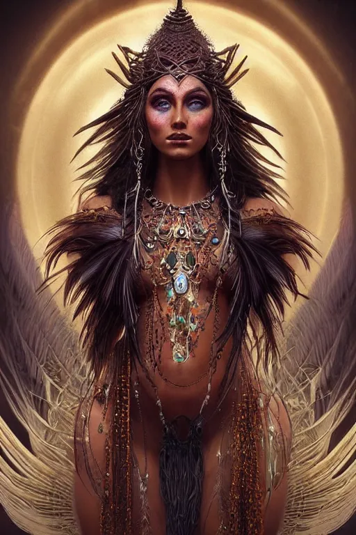 Image similar to a mystical render of a single alluring mystical tribal goddess adorned with feathers and gemstones and cables and synthesizer parts is surrounded by sacred geometry made from elven architecture, full body, gorgeous, perfect face, powerful, cinematic, beautifully lit, by artgerm, by karol bak, 3 d, trending on artstation, octane render, 8 k