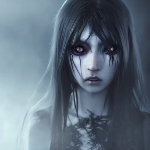 Prompt: photorealistic full shot portrait of angry darkness anime girl, dark look, inspired by Tim Burton, detailed, unreal engine 4k volumetric light, fog,