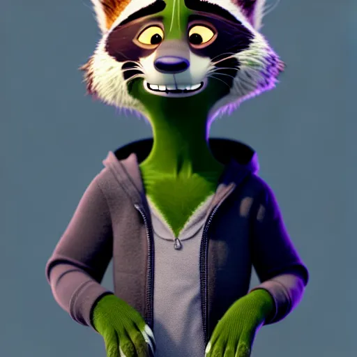 Image similar to a relaxed stoner with a black hoodie on with a marijuana themed dark green raccoon head from zootopia, 3 d, blender 3 d, render, extremely detailed, 8 k, has cracked red eyes