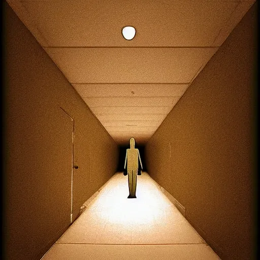 Prompt: a figure at the end of a creepy office hallway. craiglist photo.