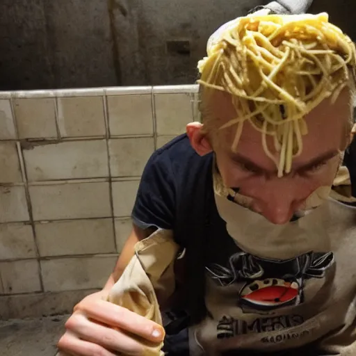 Image similar to The Impostor from Among Us eating Pasta in the sewers.