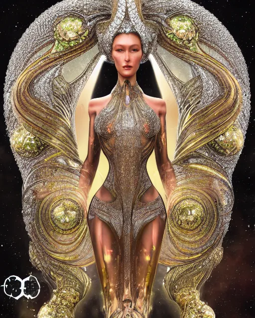 Image similar to a highly detailed metahuman 4 k close up render of an alien goddess bella hadid as goddess in iris van herpen dress schiaparelli in diamonds crystals swarovski and jewelry iridescent in style of alphonse mucha gustav klimt trending on artstation made in unreal engine 4