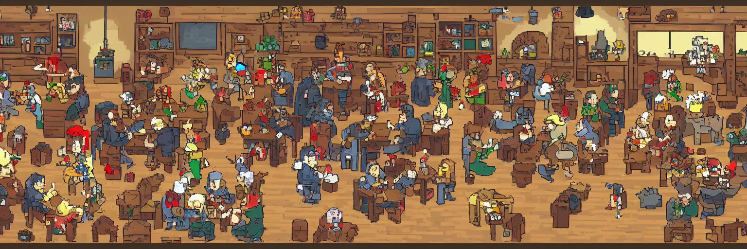 Prompt: panorama pixel art magic tavern with devils and angels eating and drinking, high detail