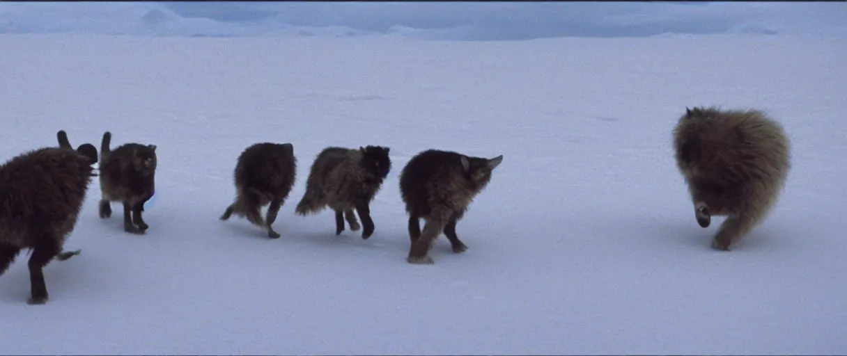 Prompt: filmic extreme wide shot movie still 4 k uhd interior 3 5 mm film color photograph of a bunch of creatures running around mcmurdo station in antartica