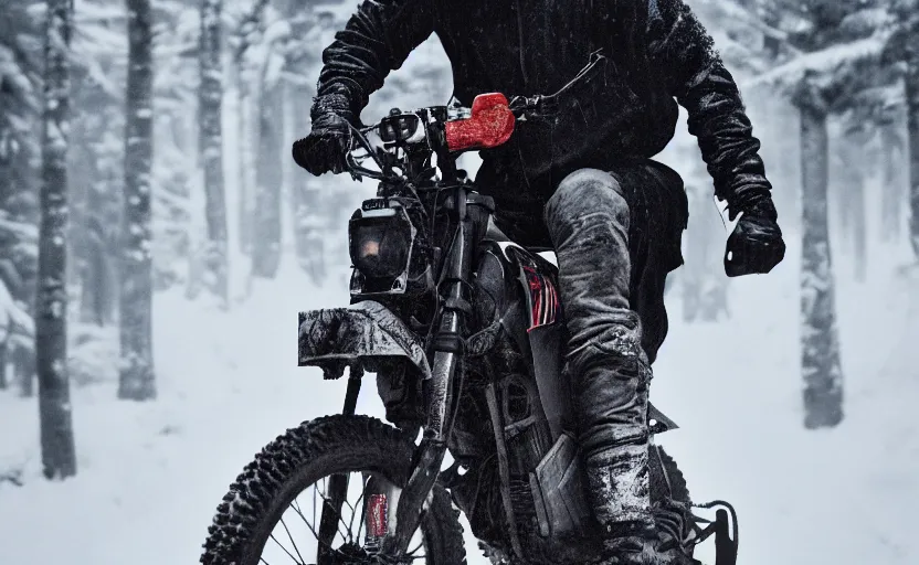 Image similar to cinestill 5 0 d candid photographic portrait by steve mccurry of joe biden wearing rugged black mesh techwear riding on a dirtbike through a deep forest, extreme closeup, modern cyberpunk moody emotional cinematic, snow storm, 8 k, hd, high resolution, 3 5 mm, f / 3 2, ultra realistic faces, ex machina