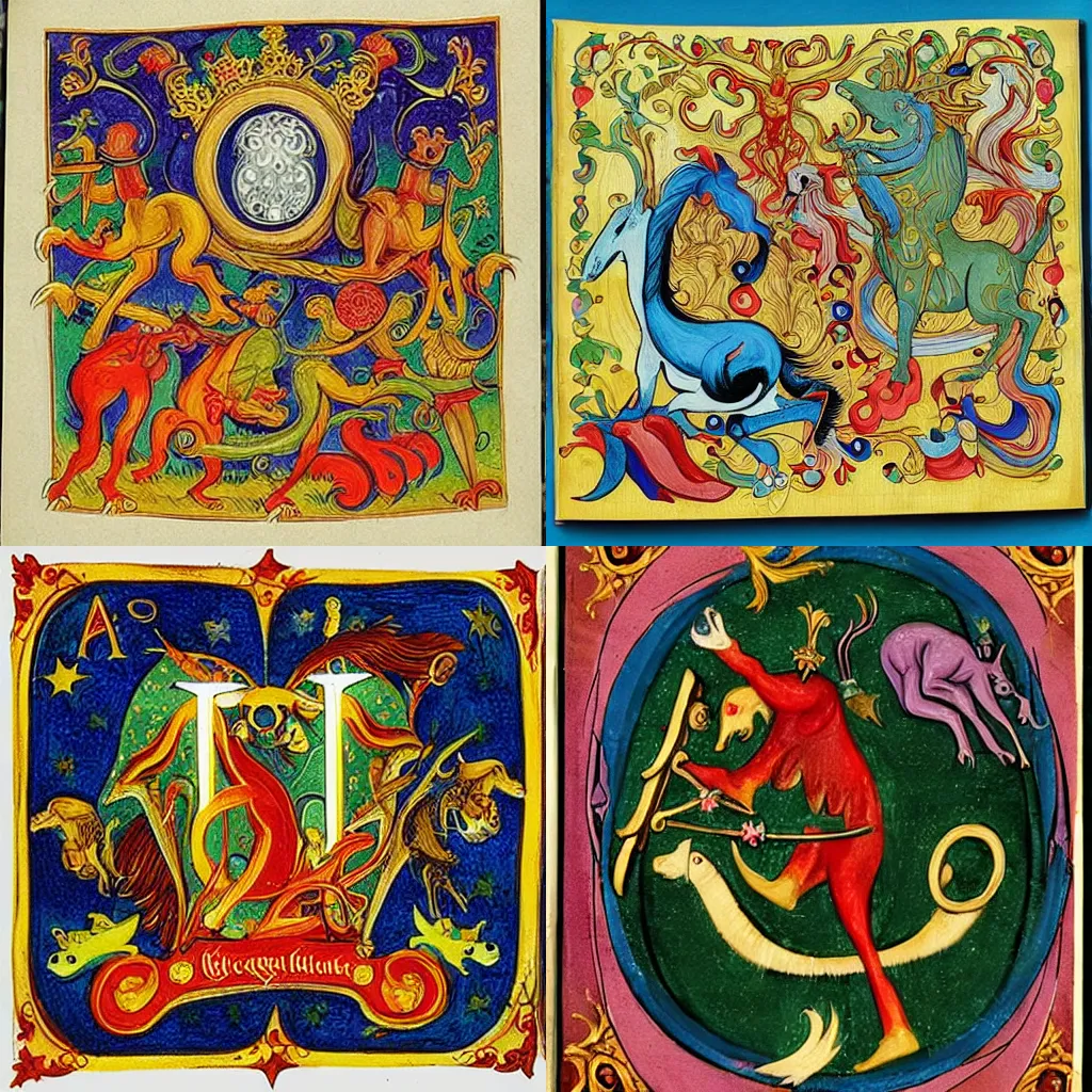 Prompt: illuminated letter A, decorated with mythical creatures
