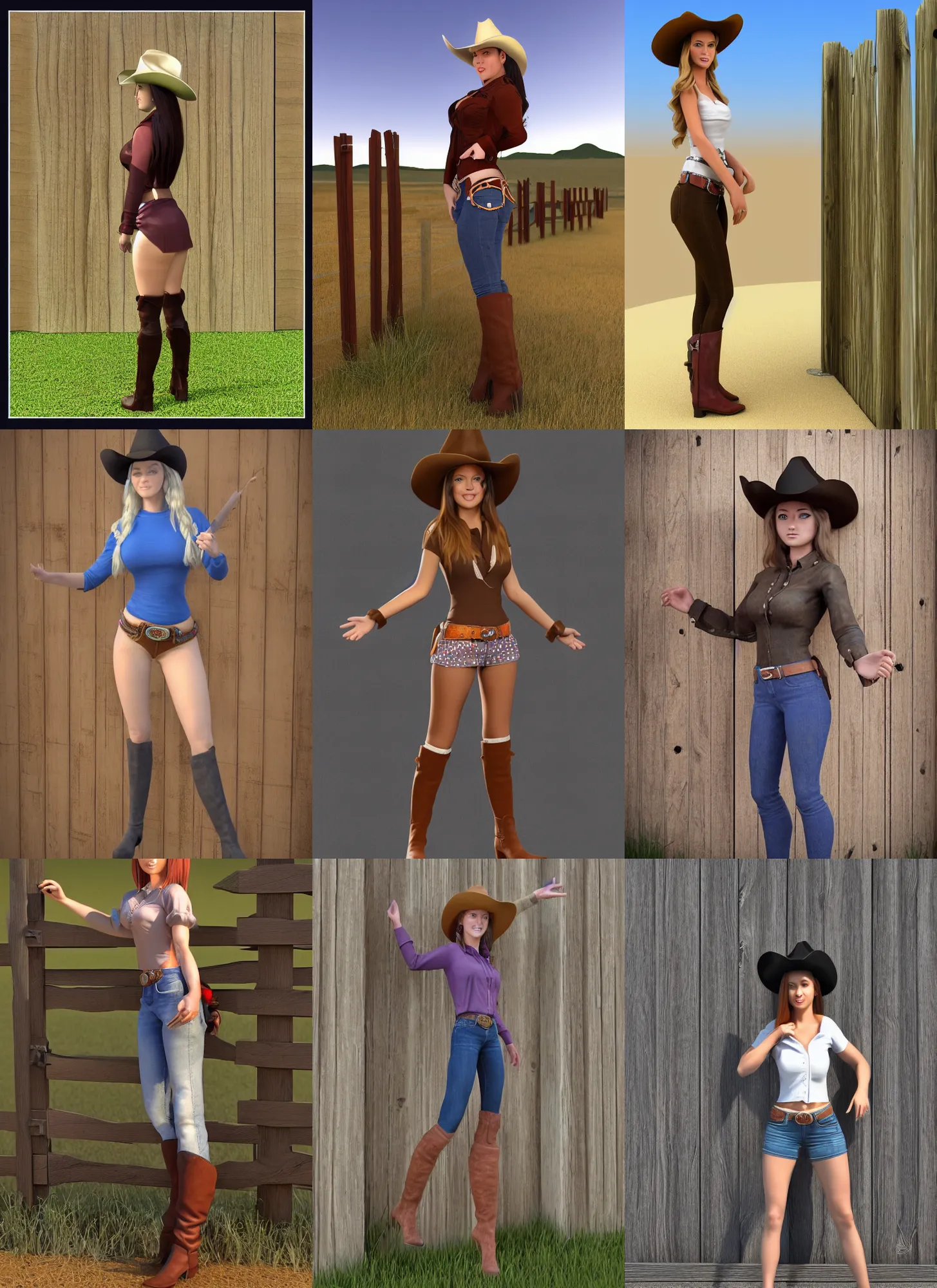 Prompt: detailed full body concept 3 d model of a beautiful cowgirl with a beautiful face, standing by a fence