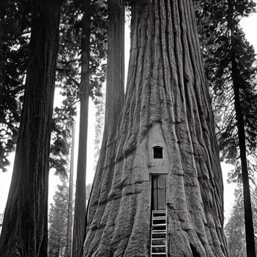 Image similar to house built into and inside a single giant sequoia. photograph by jerry uelsmann.