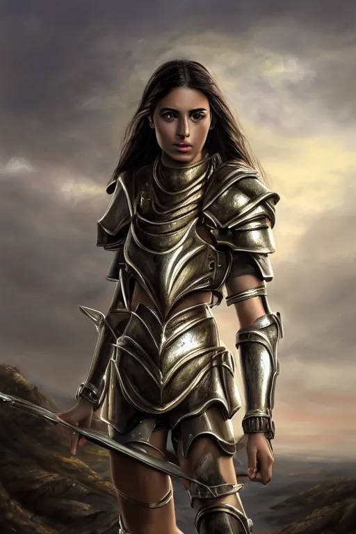 Prompt: a photorealistic painting of an attractive young girl, partially clothed in metal-plated battle armor, standing in front of a distant landscape, olive skin, fair complexion, long dark hair, flawless skin, beautiful bone structure, perfectly symmetric facial features, perfect photorealistic eyes, natural physique, intricate, elegant, digital painting, concept art, finely detailed, beautifully illustrated, sharp focus, minimal artifacts, volumetric lighting, from Metal Gear, by Ruan Jia and Mandy Jurgens and Artgerm and William-Adolphe Bouguerea, in the style of Greg Rutkowski, trending on Artstation, award winning art