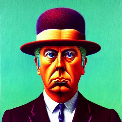 Prompt: An extremely psychedelic portrait of Rene Magritte, surreal, LSD, face, detailed, intricate, elegant, lithe, highly detailed, digital painting, artstation, concept art, smooth, sharp focus, illustration