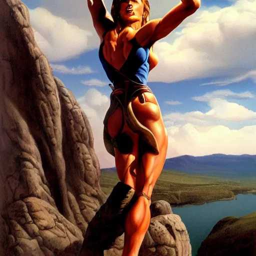 Prompt: strong female warrior standing on the edge of a cliff by boris vallejo