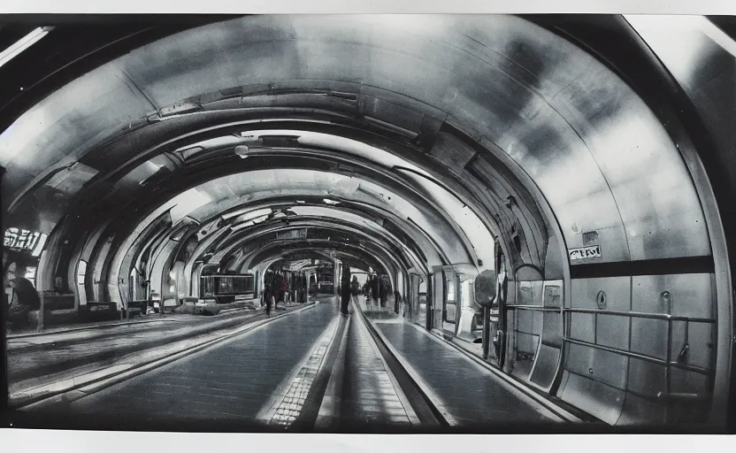 Prompt: Analog Polaroid! picture of a futuristic!! sci-fi train-station, high detail, photograph, vacation