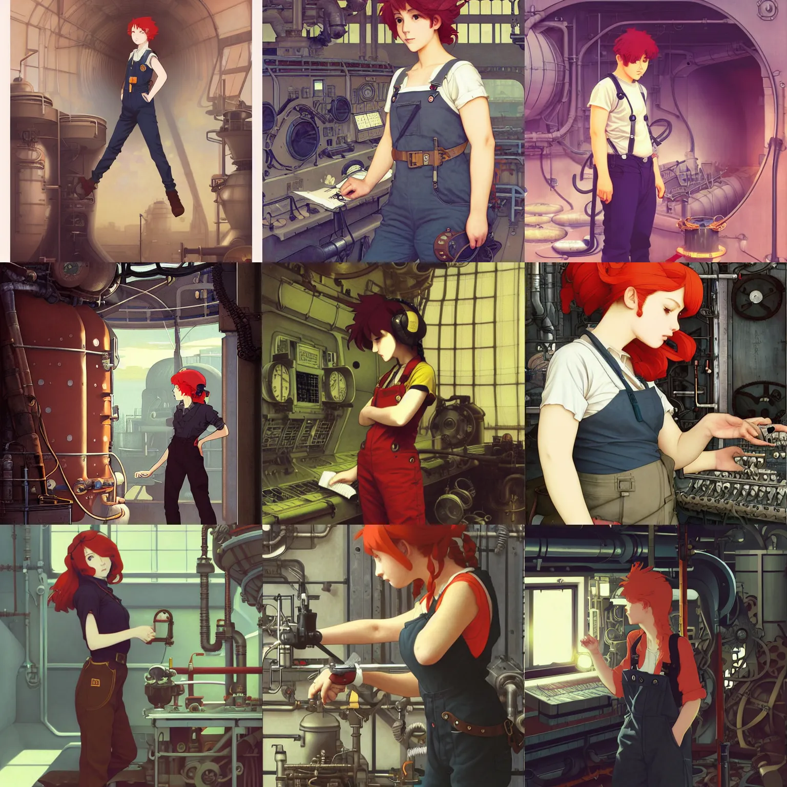 Prompt: an airship engineer working in the boiler room, red hair, tank top, overalls, steampunk, film still, finely detailed features, baroque, digital painting, studio ghibli, tankobon, painted by ilya kuvshinov and makoto shinkai and william - adolphe bouguereau and alphonse mucha