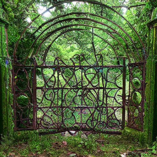 Prompt: Abandoned overgrown multiverse gateways