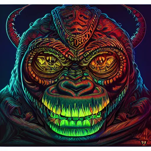 Image similar to barong family member, wiwek, mara demon, one single tribe member, jungle, one single mask, dark, ancient warrior, gorilla, lizard, tribal, inner glow, art by dan mumford and justin gerard