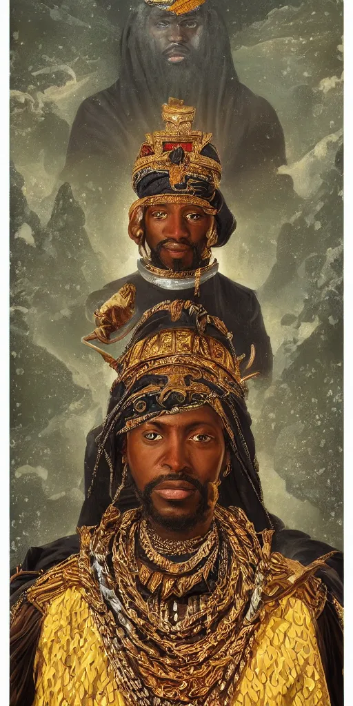 Prompt: a stunning and noble highly detailed romantic period style portrait of Mansa Musa by Josep Tapiró Baró, trending on artstation, oil painting masterpiece, symmetry, fractals, African iconography