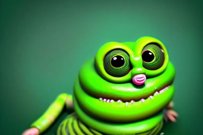 Image similar to symmetrical intricate murky clay cute friendly big eyes smiling green worm character kawaii, in the style of craola, macro lens, shallow depth of field, highly detailed, digital painting, trending artstation, concept art, illustration, cinematic lighting, pastel, photorealism, epic, octane render