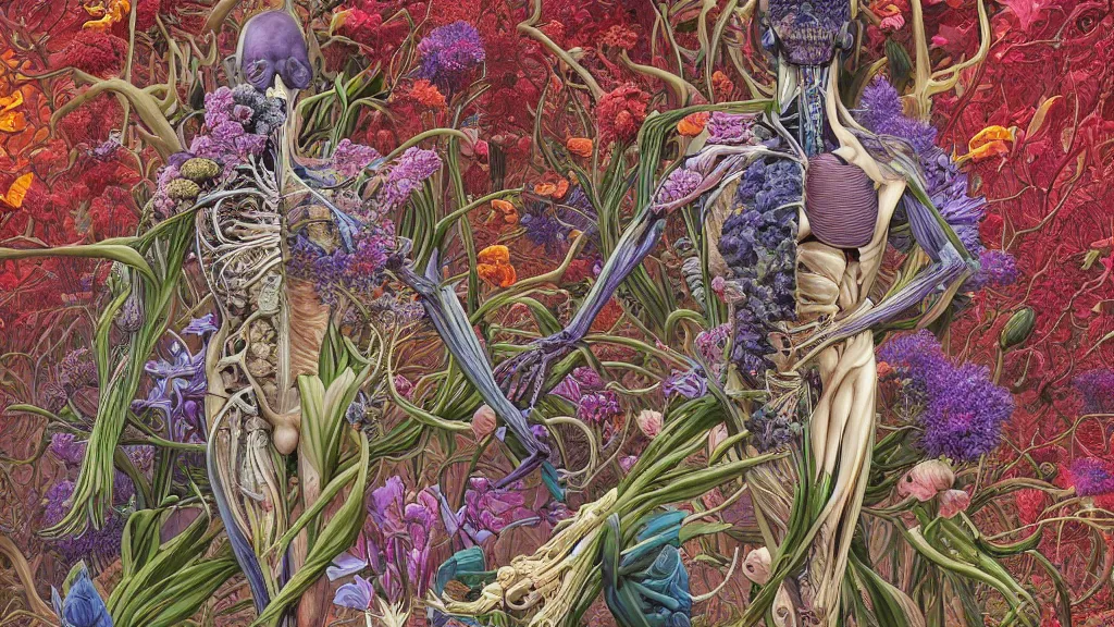 Image similar to highly detailed illustration of a human anatomy body exploded by all the known species of flowers by juan gatti, by moebius!!,, by oliver vernon, by joseph moncada, by damon soule, by manabu ikeda, by kyle hotz, by dan mumford, by kilian eng