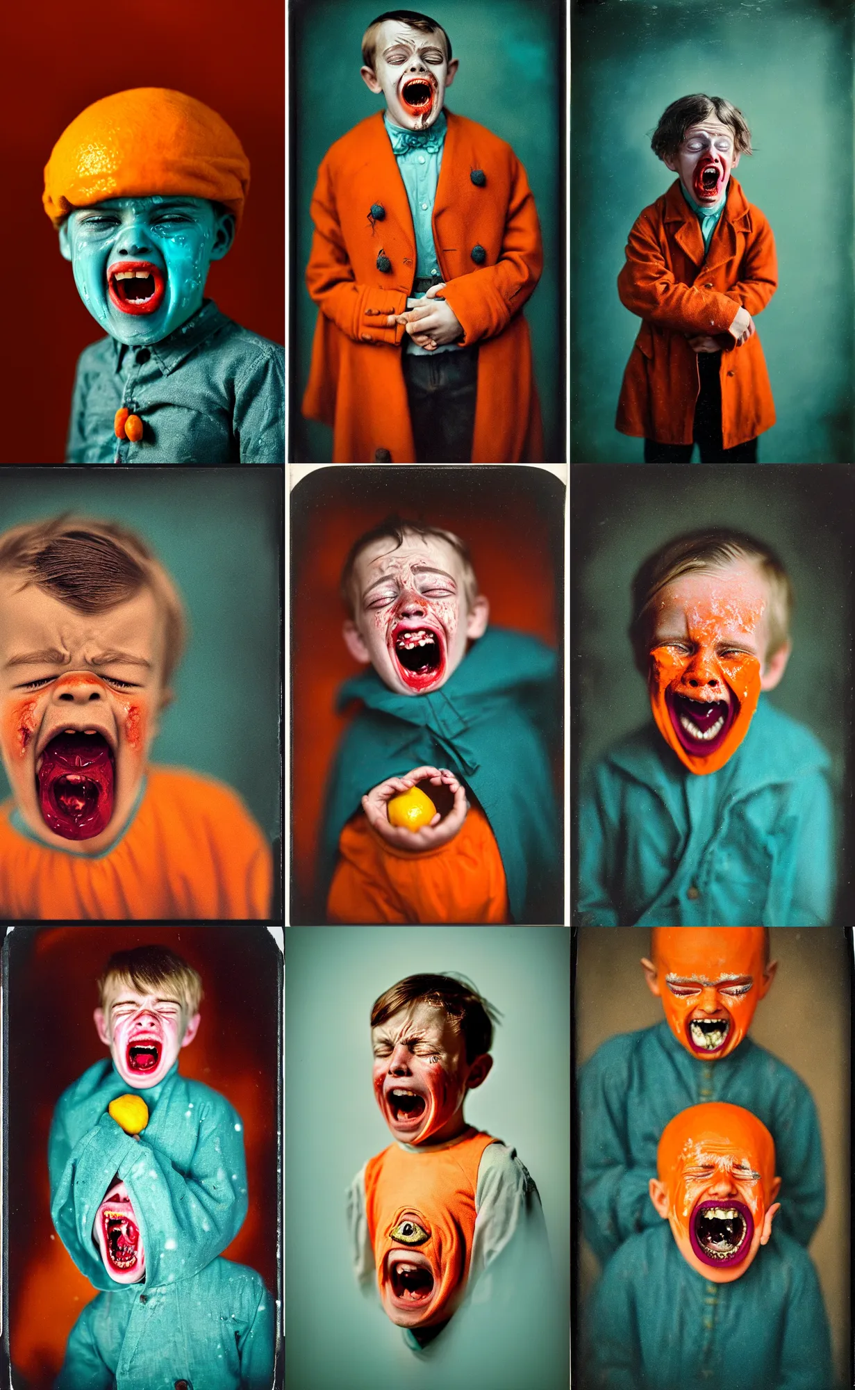 Image similar to kodak portra 4 0 0, wetplate, 8 k, shot of a highly detailed, britt marling style, colour still - life portrait of a lemon looks like a handsome screaming 8 year old crying boy in a dangerous snow hell fire storm, dracula teeth, 1 9 2 0 s cloth, 1 9 2 0 s hair, teal and orange, muted coloures