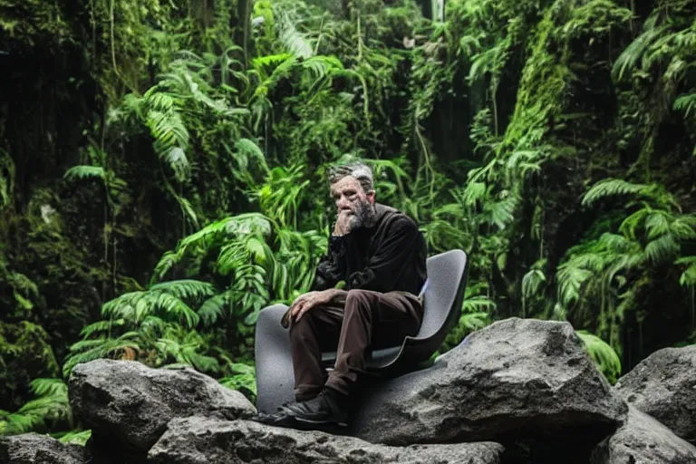 Image similar to movie closeup young man with a grey beard in a cyberpunk suit sitting on a futuristic chair at the edge of a jungle waterfall 8 5 mm by emmanuel lubezki