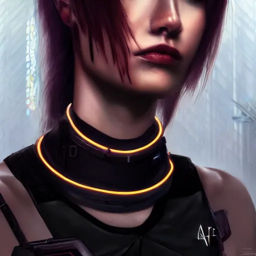 Image similar to realistic female character cyberpunk wearing technological collar around neck, realistic, art, beautiful, 4K, collar, choker, collar around neck, punk, artstation, detailed, female, woman, choker, dark, collar, choker,