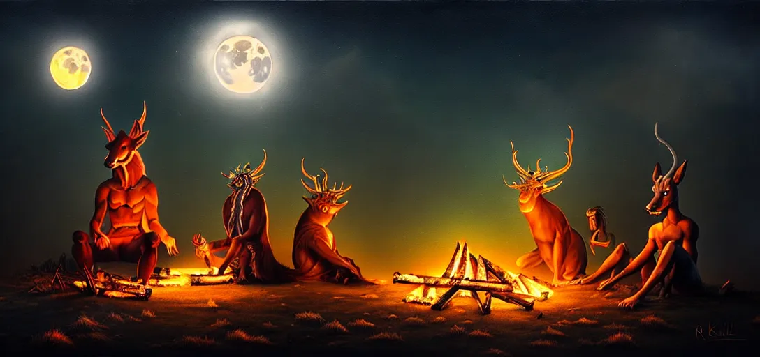 Image similar to strange mythical beasts of sitting around a fire under a full moon, surreal dark uncanny painting by ronny khalil