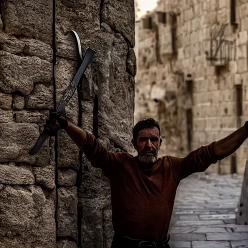 Image similar to award winning cinematic still of 40 year old Mediterannean skinned man building a wall in Jerusalem, holding a sword and a chisel, dramatic lighting, strong shadows, directed by Steven Spielberg