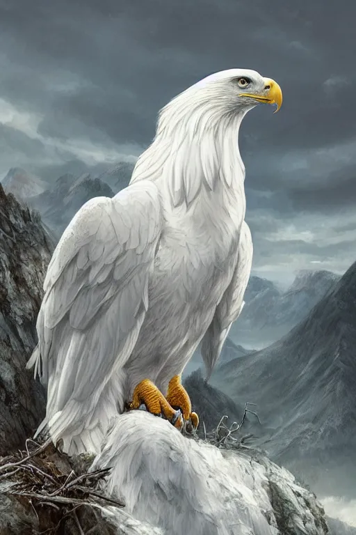 Image similar to portrait of majestic white eagle on his Nest in the mountains, Single face, dramatic lighting, cinematic, establishing shot, extremly high detail, photo realistic, cinematic lighting, post processed, concept art, artstation, matte painting, style by eddie mendoza, raphael lacoste, alex ross