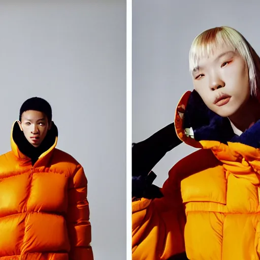 Image similar to realistic photoshooting for a new balenciaga lookbook, color film photography, portrait of a blonde asian woman, model wearing a puffer jacket, photo in style of tyler mitchell, 3 5 mm,