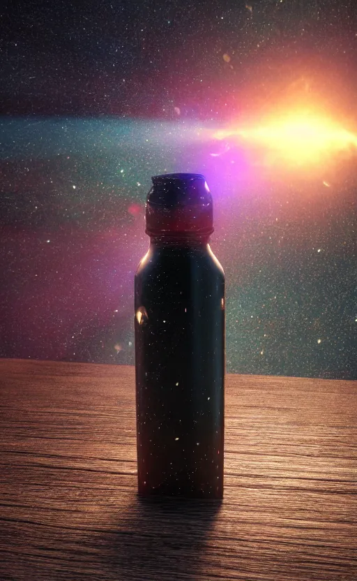 Image similar to a supernova inside a water bottle on a wooden table, hyperrealistic, concept art, octane render, unreal engine 5, trending on artstation, high quality, highly detailed, 8 k hdr, soft lighting, path traced, a beach at sunset in the background, bloom, high coherence, symmetrical, high contrast, digital art, serene landscape, cinematic