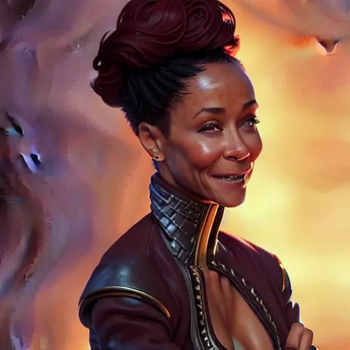 Image similar to Jada Pinkett Smith Eating Big Macs, dripping BBQ Sauce, serving burgers, D&D, fantasy, intricate, elegant, highly detailed, digital painting, artstation, concept art, matte, sharp focus, illustration, hearthstone, art by Artgerm and Greg Rutkowski and Alphonse Mucha